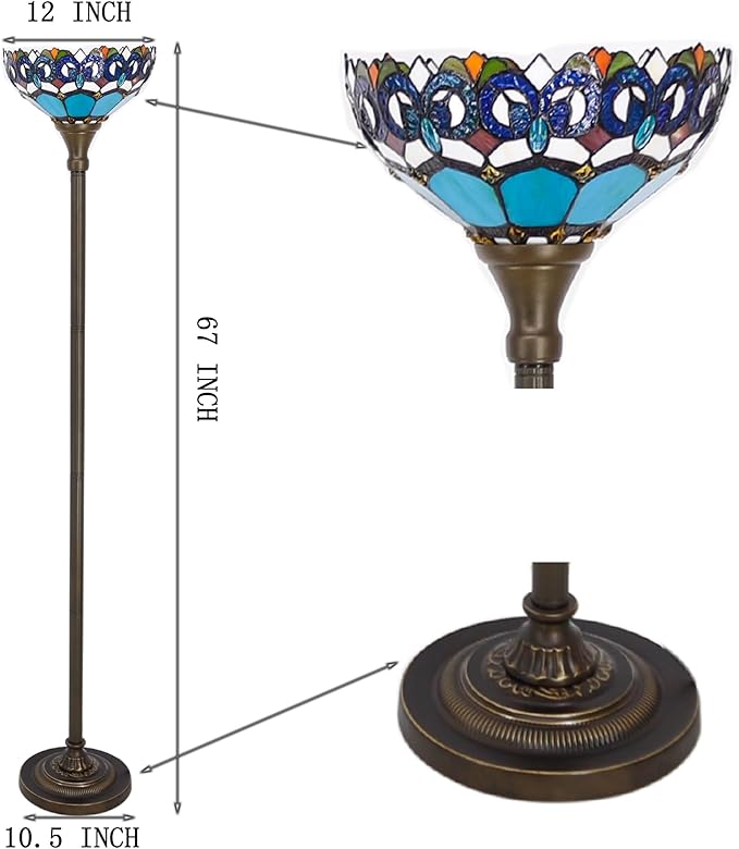 Tiffany Floor Lamp Torchiere Stained Glass Torch Lamp 12X12X67 Inch Antique Standing Corner Light (Blue Jewelry Baroque)