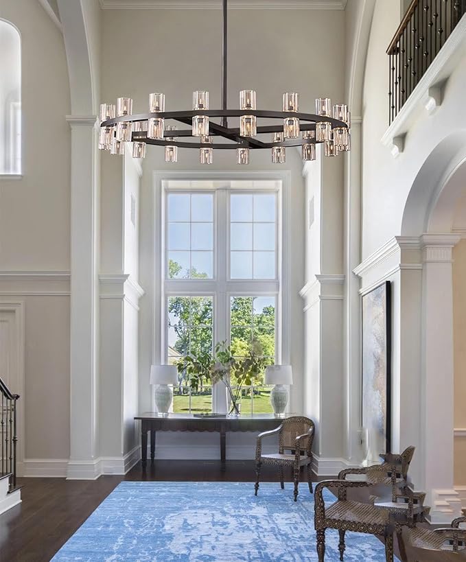 D32 Black Wagon Wheel Chandeliers Modern 32-Lights Black Round Chandelier Glass Chandeliers for Dining Room,Living Room Vintage Chandelier for Foyer Hallway