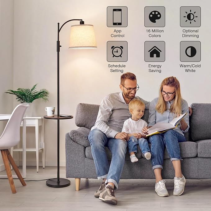 AIDENOEY Smart Floor Lamp with Side Table | Stepless Dimming, RGB Multi-Color | Adjustable Swivel Head | Voice Control with Alexa & Google Assistant |Black Lamp for Living Room,Bedroom,Home Office