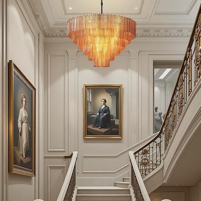 41" Extra Large Chandelier, 18-Light Black Round Chandeliers for Dining Room, Amber Glass Linear Chandelier, Hanging Light Fixture Perfect for Dining Room, Entryway, Foyer, Bedroom & Kitchen