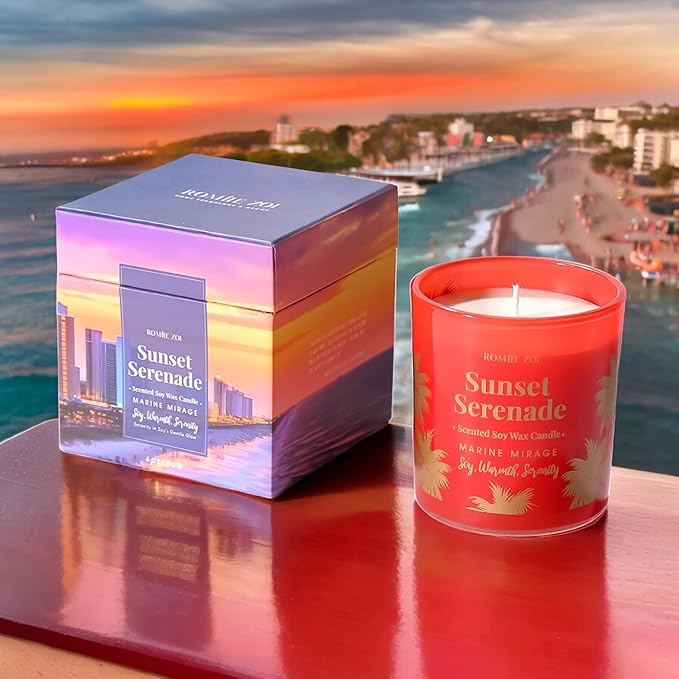 ROMIIE ZOI Marine Mirage Scented Candle - Sunset Serenade - 6oz Soy Wax Candle for Home Scented, Stress Relief Candle Gifts for Women/Men