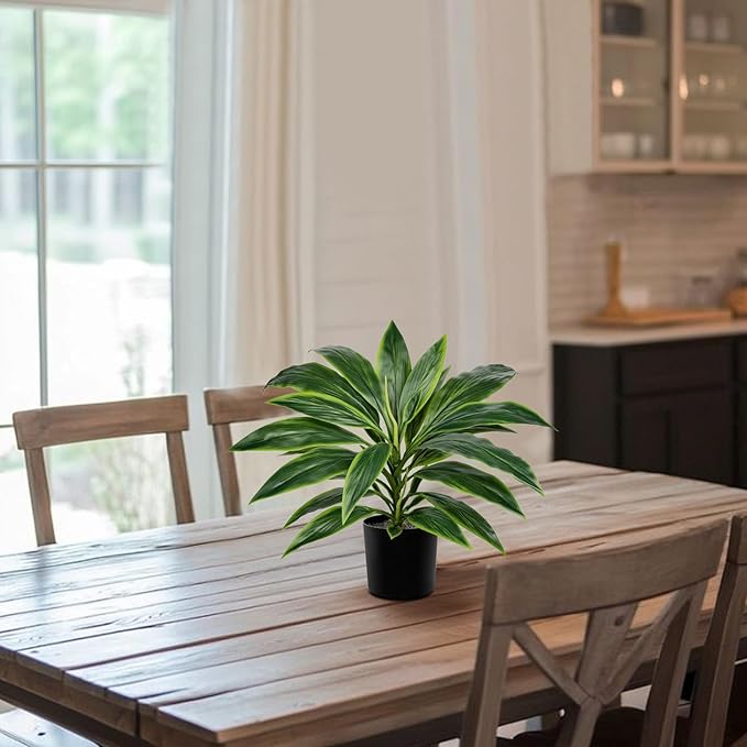 Artificial Plants Indoor with Pot, 18.1" Fake Potted Plants Medium Artificial Dracaena Plant in Black Pot Faux Tropical Plants for Bathroom Living Room Office Desk Shelf Decor