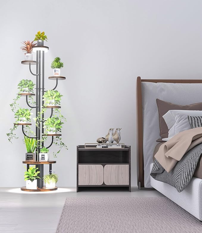 64" Tall Indoor Plant Stand with Grow Light, 9 Tier Metal Rotating Plant Shelf, Adjustable Tree-Shaped Plant Display Rack for Living Room, Bedroom, Office, Balcony