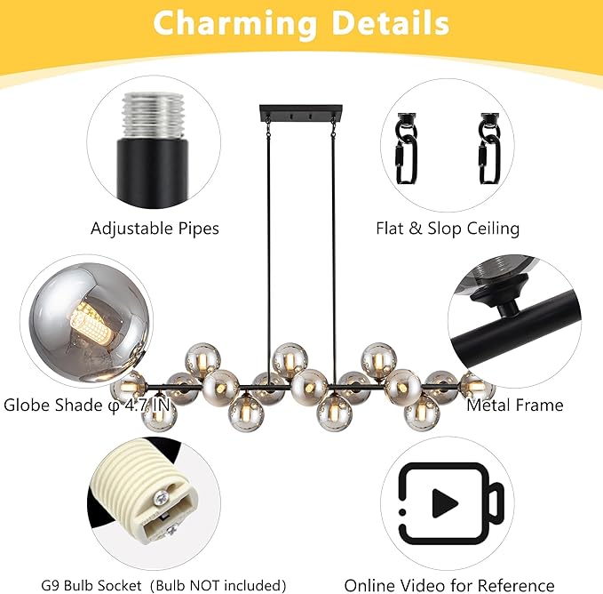 Chandelier,16-Light Large Pendant Lights Kitchen Island Linear Sputnik Chandelier Modern Chandeliers for Dining Room Bubble Gray Globe Island Lights for Kitchen Farmhouse Chandelier 55in