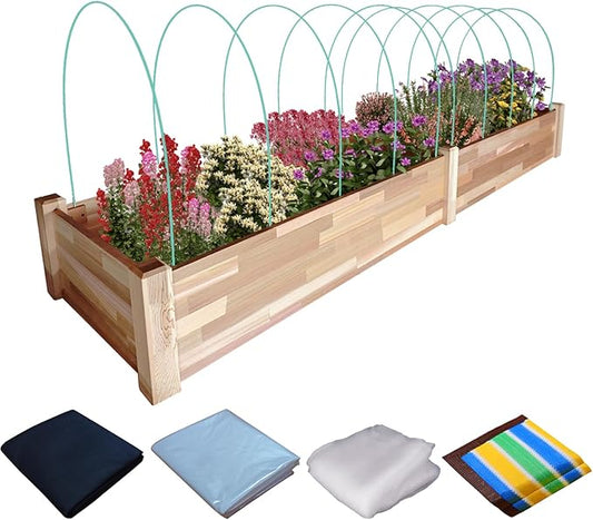 Western Red Cedar Raised Garden Bed Kit (8ft L x 2ft W x 9in H), Wood Planter Box with Garden Netting, Shade Cloth and Greenhouse Plastic Sheeting for Growing Herbs, Vegetables, Flowers