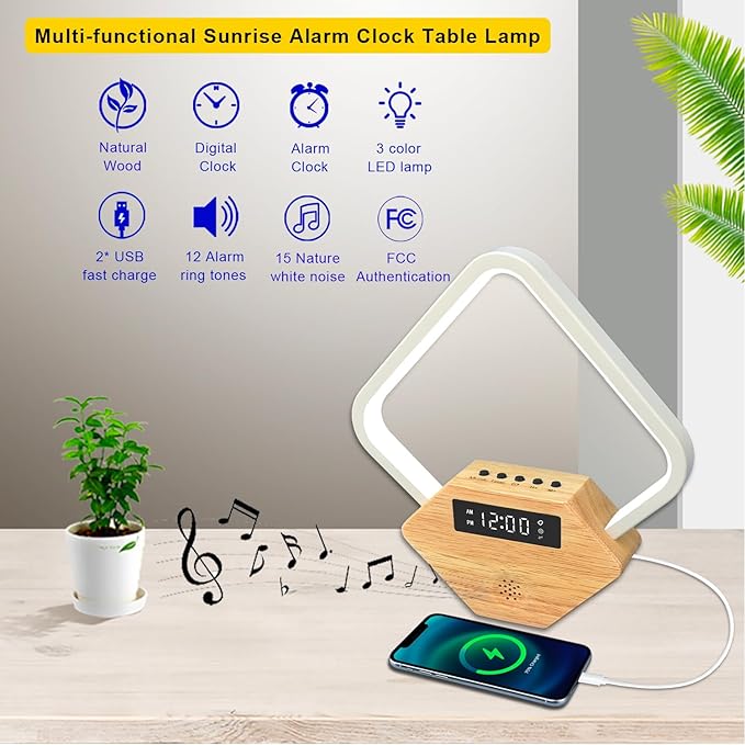Wood Sunrise Alarm Clock with White Noise Machine 3 Color Night Light 15 Soothing Sounds Sleep Aid 30/60/90min Timer 10 Alarm Ringtones USB C PD Phone Charger Anniversary Birthday Gifts for Women Men