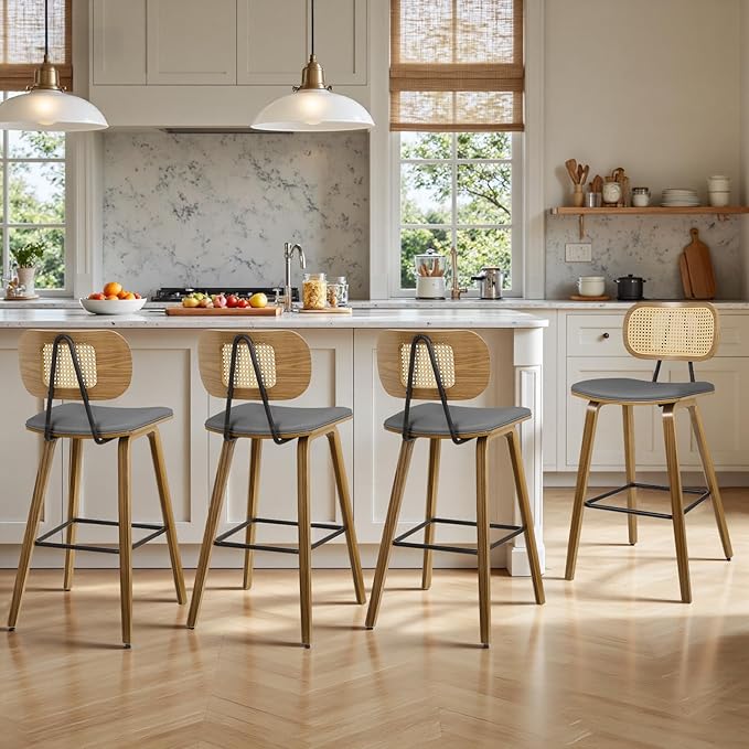 Counter Height Bar Stools Set of 4, Mid Century Modern Counter Stools, 26" Wood Kitchen Stool PU Leather Upholstered Barstools with Rattan Back, Counter Height Island Dining Bar Chair, Grey