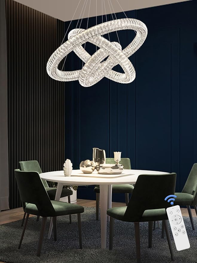 3 Rings Silver Crystal Chandeliers for Living Room High Ceiling Chandeliers for Foyer LED Dimmable3000-6000K D32''+D24''+D16''