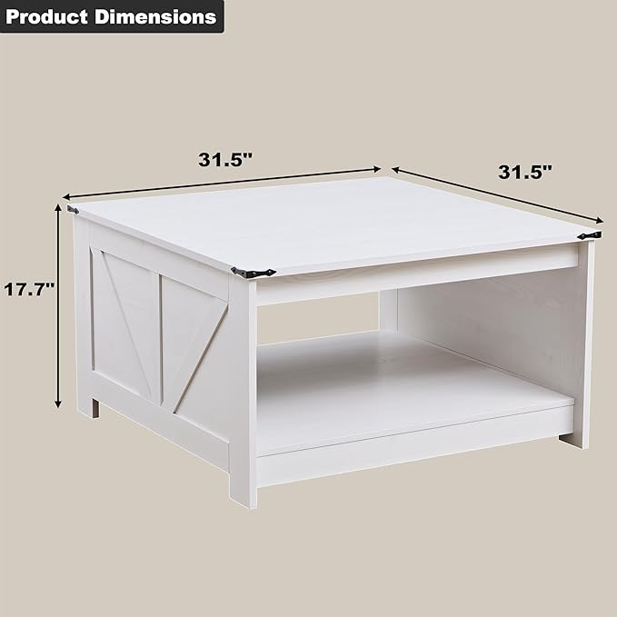 Farmhouse Coffee Table for Living Room, Wood Square Coffee Tables, 31.5" W x 31.5" D, White