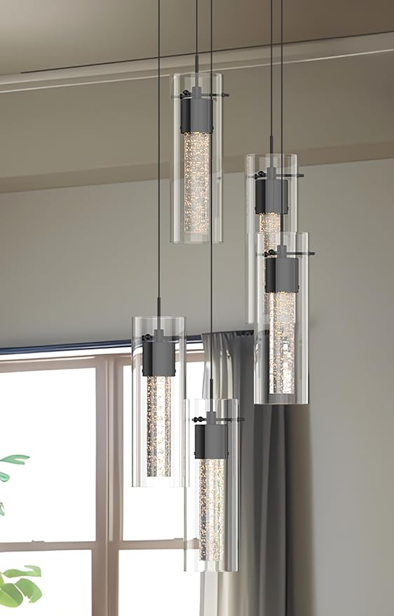 Alice 5-Light Chandelier Pendant Ceiling Light, Integrated Led and Bubble Glass, for Kitchen Island, Hallway, Entryway, Passway, Dining Room, Bedroom, Balcony Living Room (Black)