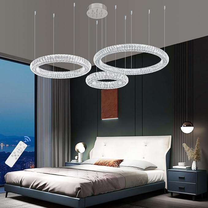 32"+24"+16" 3 Rings Crystal Chandeliers Lighting and Hanging Ring Adjustable, Stainless Steel Ceiling Light