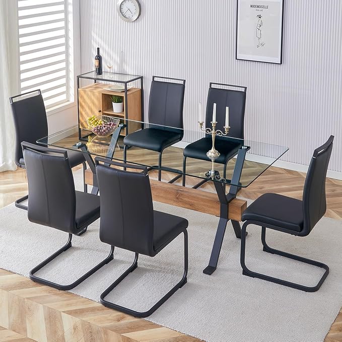 7 Piece Glass Dining Table Set, Kitchen Table Chairs Set for 6, 71'' Dining Table with 0.4" Tempered Glass Tabletop with Plated Metal Legs and MDF Crossbar, 6 PU Chairs for Dining Room, Kitchen.