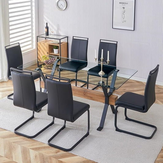 7 Piece Glass Dining Table Set, Kitchen Table Chairs Set for 6, 71'' Dining Table with 0.4" Tempered Glass Tabletop with Plated Metal Legs and MDF Crossbar, 6 PU Chairs for Dining Room, Kitchen.