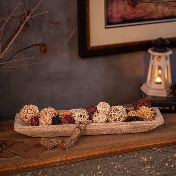 Hanobe Decorative Wood Dough Bowl: Large Long Wooden Bowl for Entry Way Table Home Decor - Coffee Table Decor for Living Room - Dining Table Centerpiece Decor, White