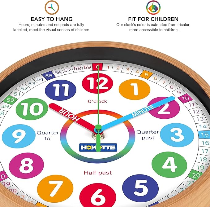 Kids Wall Clock for Bedroom, 10 Inch Round Multi-Colored Learning Clock, Children's Silent Analog Non-Ticking Educational Wall Clock for Boys and Girls Classroom Home Decor