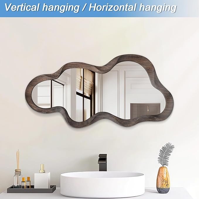 Large Asymmetrical Mirrors for Wall Wood Frame Irregular Mirror Unique Cloud Wavy Mirror Modern Living Room Bedroom Vanity Entryway Hallway Decorative Artistic Wall Mirror