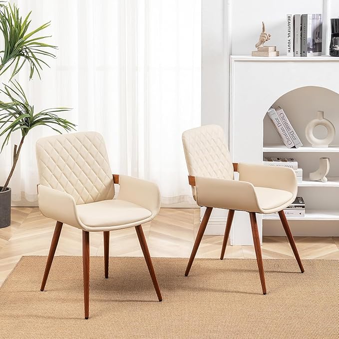 LUNLING Mid Century Modern Faux Leather Dining Room Chairs Set of 4,Upholstered Seat Metal Legs Chairs Cream White Faux Leather Kitchen Chair Reception Room Chair,4PCS