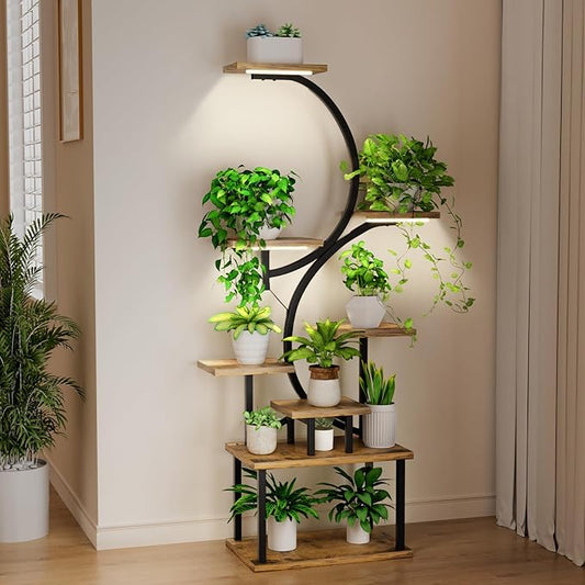 62.1" Tall Plant Stand Indoor with Grow Lights, 8 Tiered Metal Corner Plant Shelf Display Rack for Indoor Plants, S-Shaped Decorative Rack Large Flower Holder Stand for Living room, Patio, Bedroom