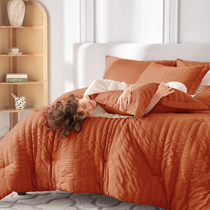MUXHOMO 7 Pieces Queen Comforter Set, Seersucker Bed in a Bag Queen Size, All Season Luxury Bedding Set with Comforter, Flat Sheet, Fitted Sheet, Pillowcases & Shams, Burnt Orange