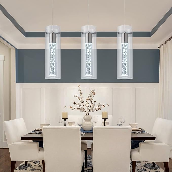 3-Pack Modern Pendant Lighting Satin Nickel,24W Light Chandelier with LED Bulb, Updated Housing and Bubble Kitchen Light for Kitchen,Dining Room,Living Room,Corridor and Restaurant, 6000K