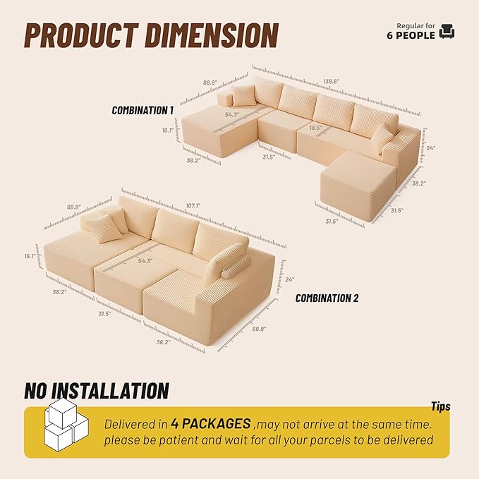 138" Boneless Couch with Deep Seat, Modular Sectional Sofa, Cloud Sectional Couch for Living Room, No Assembly Required, Corduroy, U-Shape 4 Seater Left, Camel