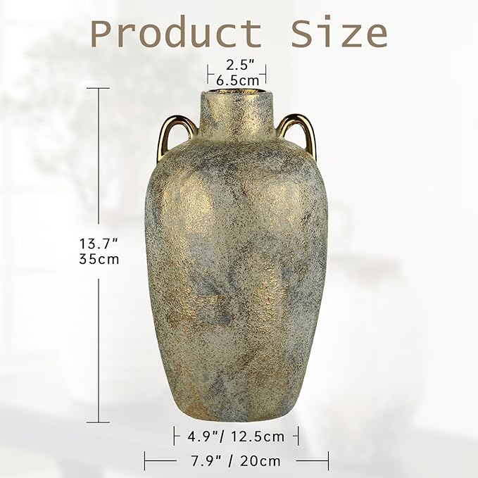 Large Ceramic Vase, 13.7" Tall Rustic Farmhouse Vase, Vintage Flower Vase with 2 Ears, Electroplated Terracotta Rustic Vases for Home, Living Room, Shelf, Mantel, Entryway, Wedding, Table Centerpiece