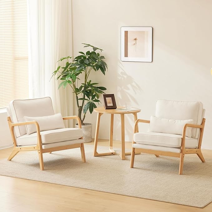 Karl home Accent Chair Mid-Century Modern Chair with Pillow Upholstered Lounge Arm Chair with Solid Wood Frame & Soft Cushion for Living Room, Bedroom, Balcony, Linen White (Low Back)