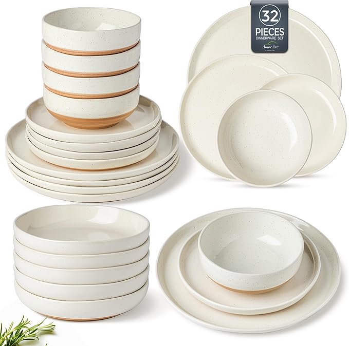 AmorArc 32 Pieces Ceramic Dinnerware Sets for 8, Handpainted Plates and Bowls Set with Rustic Terracotta Underside, Scratch Resistant Stoneware Dishes Set, Dishwasher & Microwave Safe, Light Beige