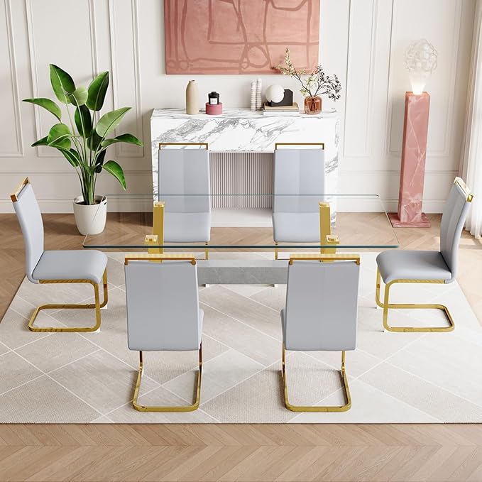 7 Piece Glass Dining Table Set, Kitchen Table Chairs Set for 6, 71'' Dining Table with 0.4" Tempered Glass Tabletop with Plated Metal Legs and MDF Crossbar, 6 PU Chairs for Dining Room, Kitchen.