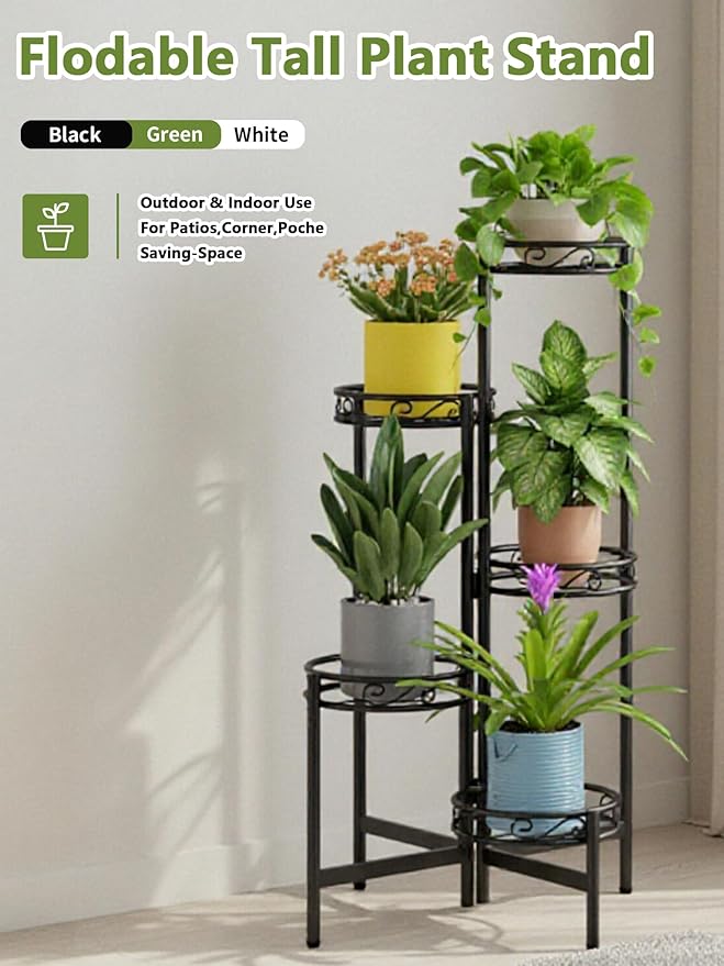 Metal Plant Stand Indoor Outdoor, 5 Tier 5 Potted Multiple Plant Shelf Stands, Wrought Iron Flower Holder Shelf, Folding Tall Rack Shelf for Patio, Balcony, Corner Living Room - BlackCircle
