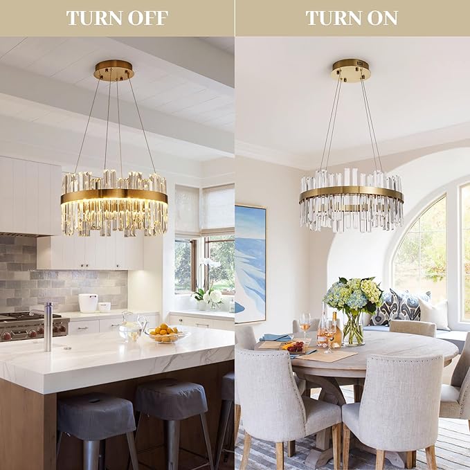 19.7'' Dimmable Modern LED Crystal Chandeliers,Gold Chandelier Light Fixture, 3 Colors Contemporary Pendant Ceiling Light for Dining Room Living Room Kitchen Island Entryway Foyer ,With Remote Control