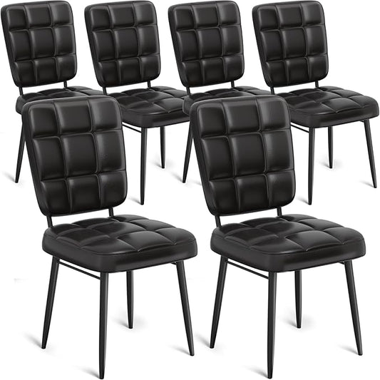 Leather Dining Chairs Set of 6, Upholstered Dining Room Kitchen Chairs with Thick Cushion, High Backrest, Metal Legs, Mid Century Modern Side Chair for Living Room Cafe Restaurant, Ink Black