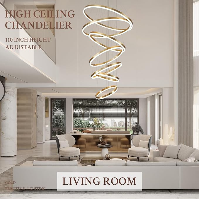 7-Rings D31.5’’ Modern LED Chandelier Gold Dimmable High Ceiling Chandeliers Foyer with Remote Control for Staircase Entryway Dining Room Living Room, 3000K-6500K