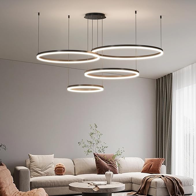 4-Ring Dimmable LED Chandelier for Dining Room, Circular Black Modern Pendant Lights, Adjustable Hanging Ceiling Lamp Fixture for Kitchen Island, Living Room, Foyer, Bedroom with Remote Control