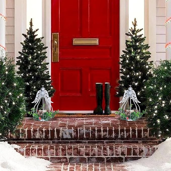 DECORKEY Christmas Decorations Outdoor&Indoor, 2PCS Andrew Candle Holders with Pine Cone, red Berry Wreath, Decorative Lanterns for Porch Centerpiece Table Decor Gift