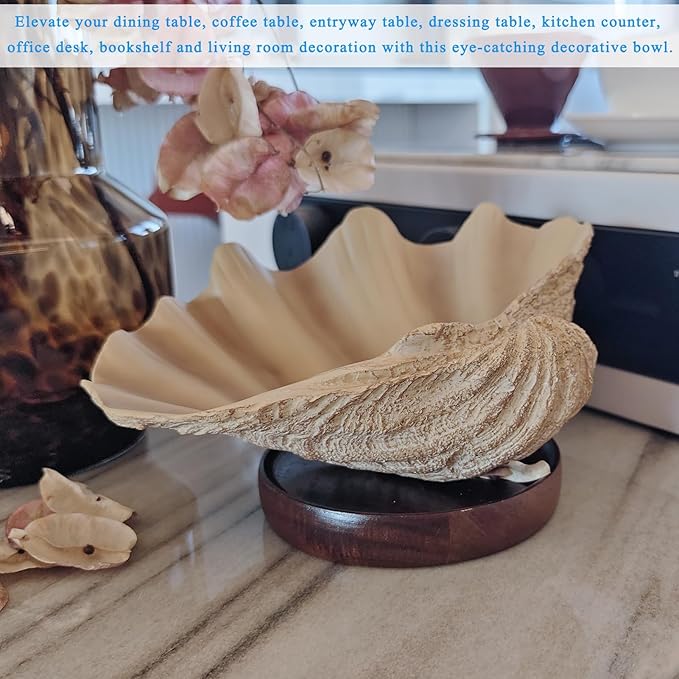 Resin Seashell Decorative Bowl Large Clam Shell Storage Bowl for Coffee Table Centerpiece Home Kitchen Entryway Table Decor Beach Themed Wedding Party Decoration (Wood Color)