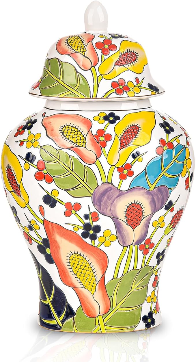 Sungmor Decorative Ceramic Ginger Jar with Lid, Floral Pattern Porcelain Temple Storage Jar, 14" Hand Painted Ceramic Flower Vase for Centerpiece, White Glazed Vase for Flower Arrangement, Home Decor