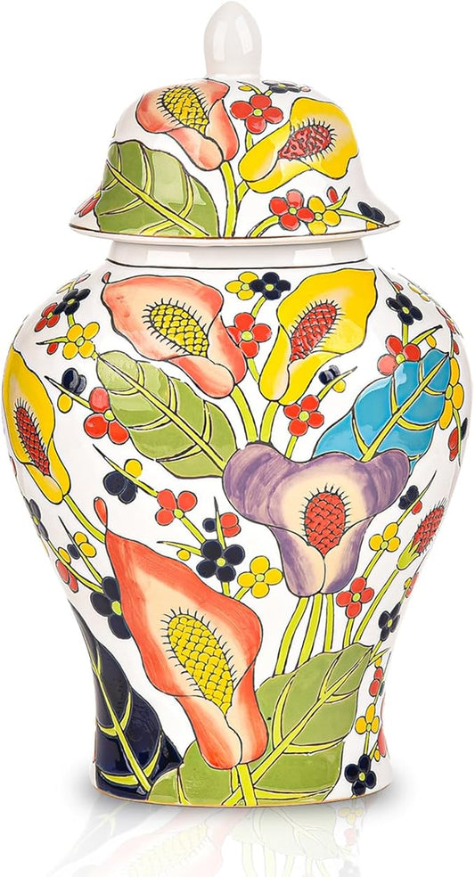 Sungmor Decorative Ceramic Ginger Jar with Lid, Floral Pattern Porcelain Temple Storage Jar, 14" Hand Painted Ceramic Flower Vase for Centerpiece, White Glazed Vase for Flower Arrangement, Home Decor