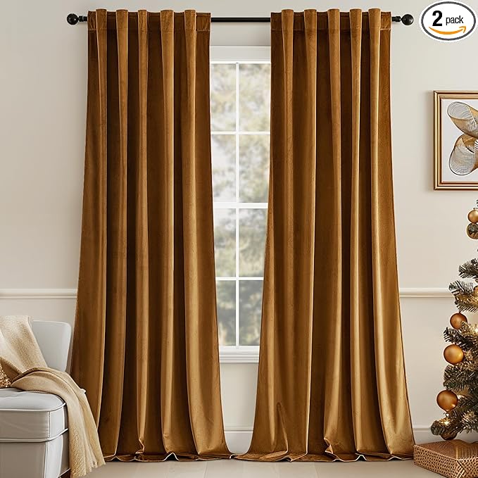 MIULEE Velvet Curtains 84 inches - Luxury Brown Blackout Curtains for Bedroom Living Room Thermal Insulated Super Soft Window Drapes Rod Pocket & Back Tab, Gold Brown, W52 x L84 inches, 2 Panels