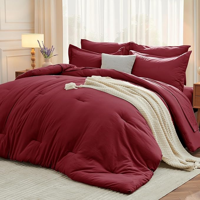 MUXHOMO 7 Pieces Queen Comforter Set, Soft Bed in a Bag Queen Size, All Season Bedding Set with Comforter, Flat Sheet, Fitted Sheet, Pillowcases & Shams, Burgundy Red
