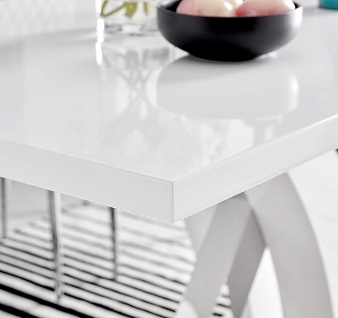 Atlanta Modern Rectangle Chrome Metal High Gloss White Dining Table and 6 White Lorenzo Chairs Set