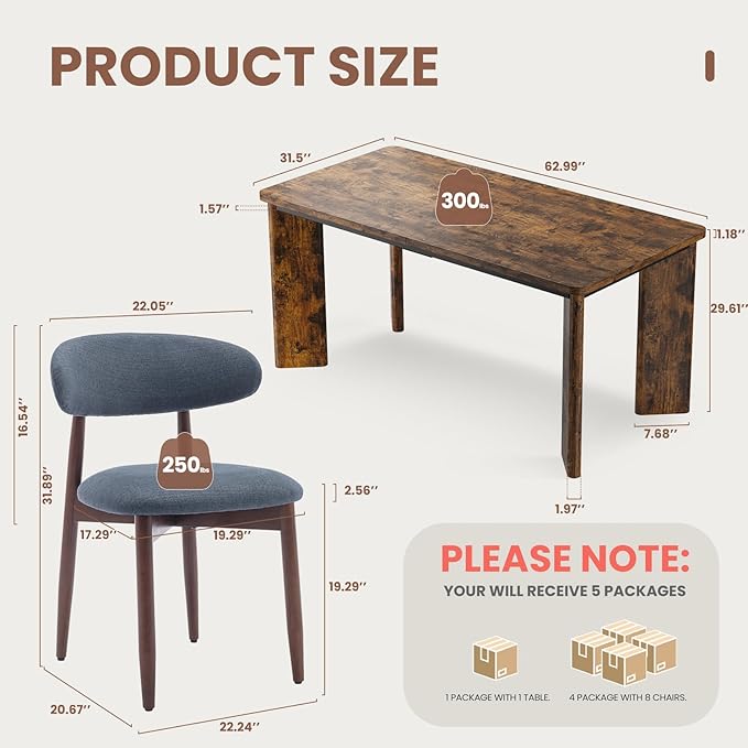 9-Piece Rectangular Dining Table Set for 8, 63" Industrial Kitchen Table with 8 Wooden Upholstered Dinner Chairs for Dining Room, Kitchen, Living Room, Brown+Blue