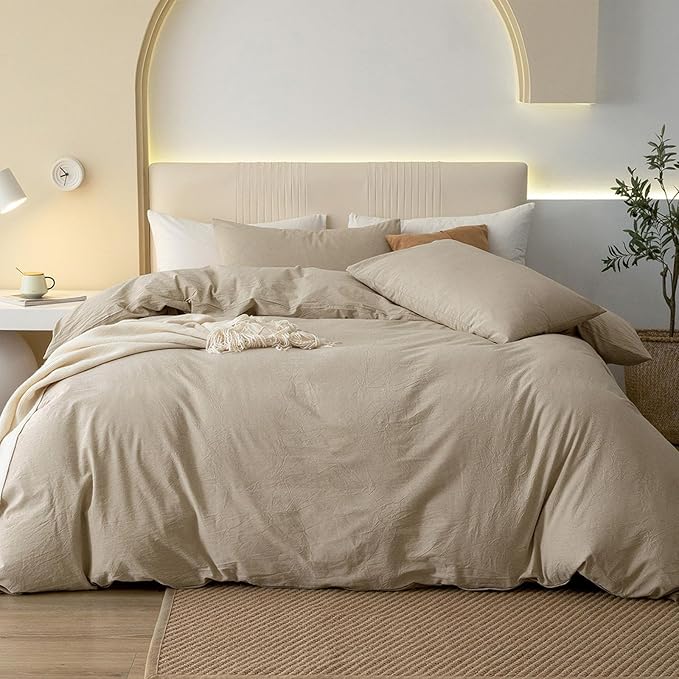 JIYUAN 100% Washed Cotton Duvet Cover Set 3 Pieces King, 1 Duvet Cover 104x90 Inches(Comforter Not Included) and 2 Pillowcases,Linen Feel Bedding Set Comfy and Breathable, Heathered Tan