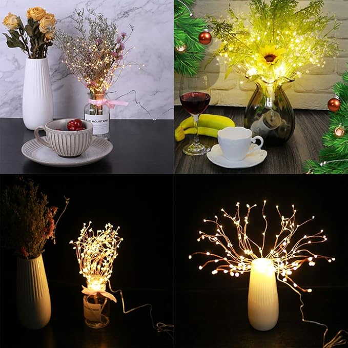 4 Pack 800 LED Starburst Sphere Lights, Battery Operated Firework Light, 8 Modes Dimmable Remote Control Waterproof Hanging Fairy Light, Copper Wire Lights for Patio Parties Christmas (Warm White)