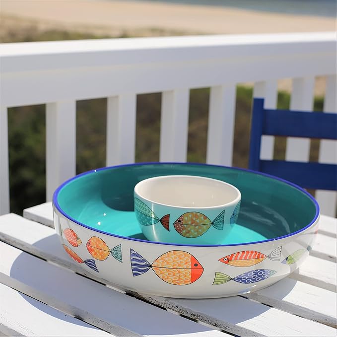 Euro Ceramica FreshCatch Collection Chip and Dip Serving Set (2 Bowls) - Indoor/Outdoor Use - Colorful Cute Fish Pattern on White (FRC-86-3918)