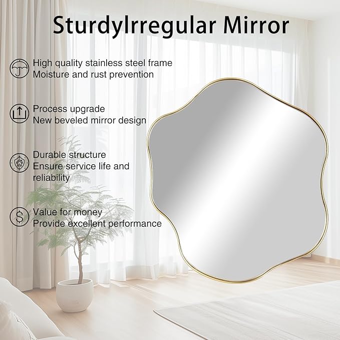 Gold Irregular Mirror, Scalloped Rounded Mirror, 30"x26.8" Asymmetrical Wall Mirrors, Wavy Decorative Mirrors for Living Room Bathroom Bedroom Hallway Entryway Fireplace