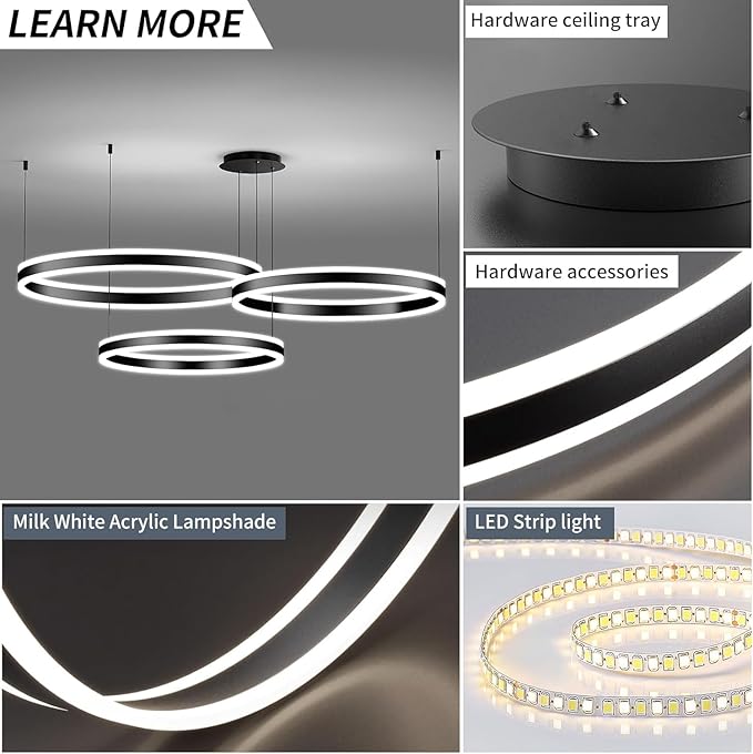 Modern Pendant Light Fixture, 3-Ring Circular Black Dining Room Chandelier, Dimmable 3000K-6500K, LED Hanging Ceiling Light Over Table for Kitchen Island, Living Room, Foyer, Office