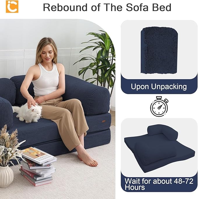 COMAX Folding Sofa Bed Queen, 4-in-1 Foldable Floor Couch Convertible Futon Sofa with Armrests, Sleeper Mattress Fold Out Chair Bed Comfy Portable Lounge Guest for Living Room Bedroom, Navy Blue