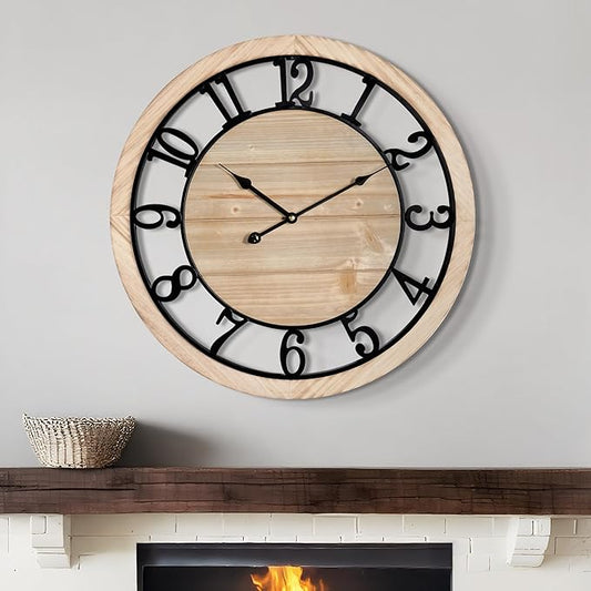LEIKE 20 Inch Large Wall Clock - Rustic Wooden Silent Non-Ticking Wall Clock with Black Metal Frame, Vintage Farmhouse Decorative for Living Room, Bedroom, Kitchen - Arabic Numerals, Modern Design