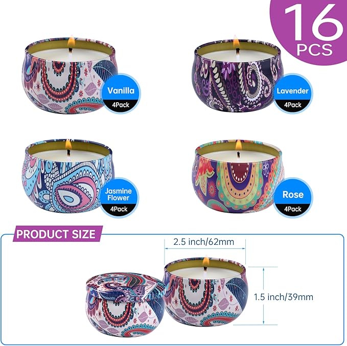 kedtui Scented Candles Gift Set, 16 Pack Aromatherapy Candle, Natural Soy Wax Travel Tin Candles for Home Scented, Ideal for Christmas, Birthday, Thanksgiving, Valentines Day Gifts